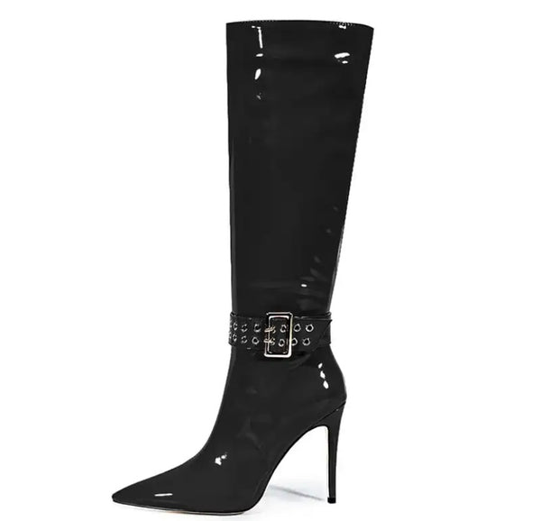 Women Fashion Patent Leather Buckled Knee High Boots