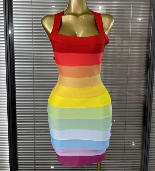 Women Sleeveless Open Back Striped Rainbow Bandage Dress