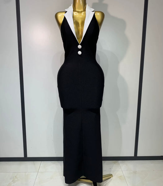 Women Sexy Collar Halter Sleeveless B&W Maxi Dress