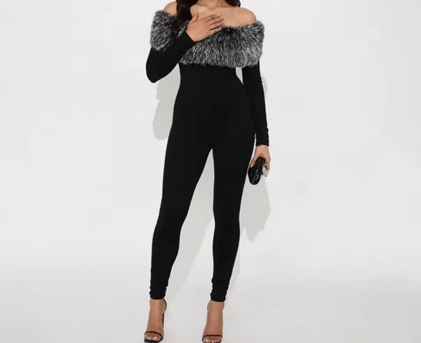 Women Fur Off The Shoulder Full Sleeve Fashion Jumpsuit
