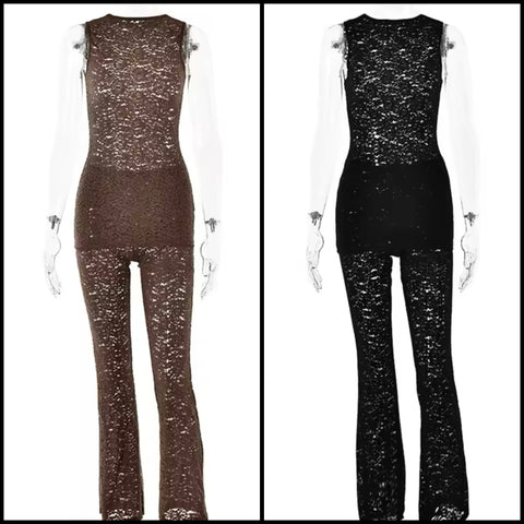 Women Sexy Sleeveless Solid Color Lace Two Piece Pant Set