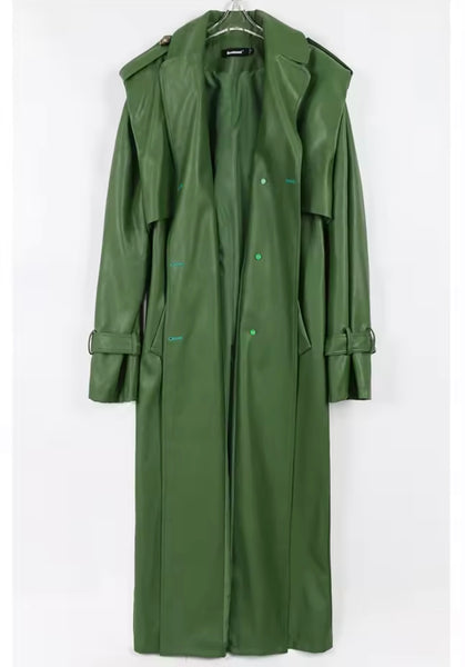Women Green Faux Leather Fashion Long Trench Jacket