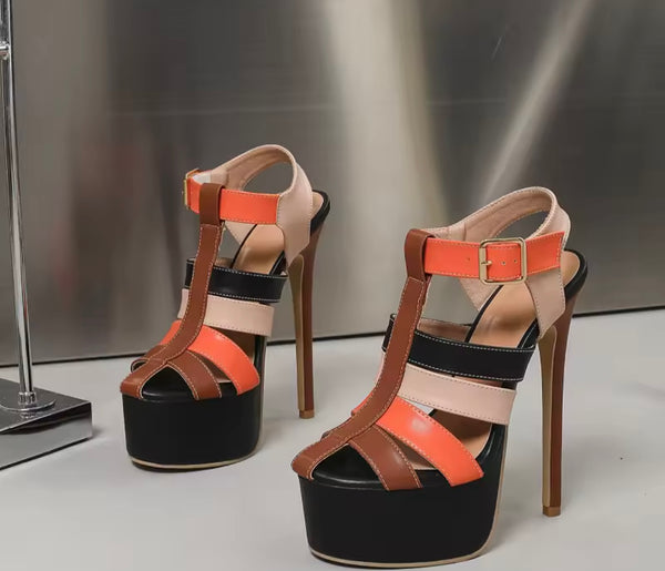 Women Fashion Color Buckled Strap Platform High Heels
