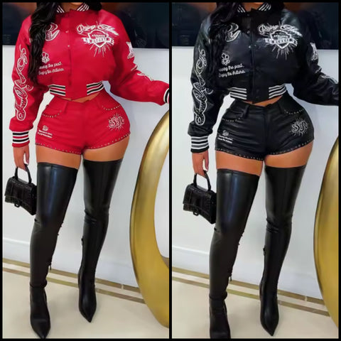 Women Printed Faux Leather Jacket Two Piece Short Set
