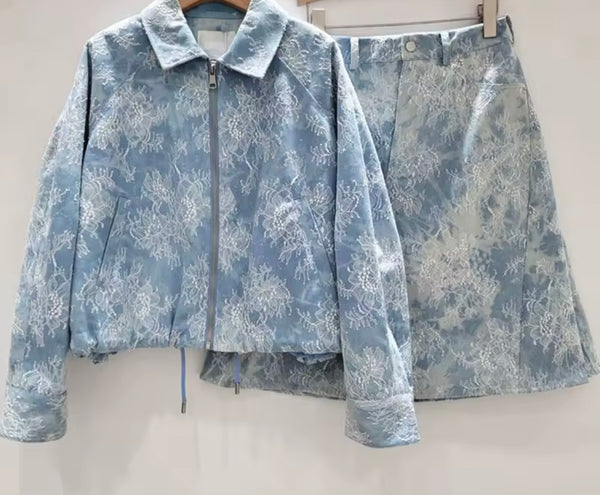 Women Fashion Zip Up Lace Denim Two Piece Skirt Set