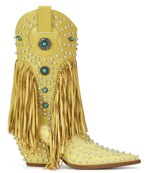 Women Color Rhinestone Fringe Tassel Fashion Western Boots
