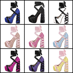 Women Color Lace Up Platform Fashion High Heels