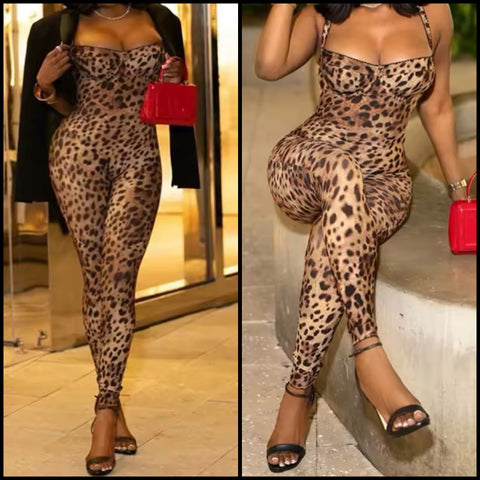 Women Sexy Fashion Sleeveless Leopard Jumpsuit