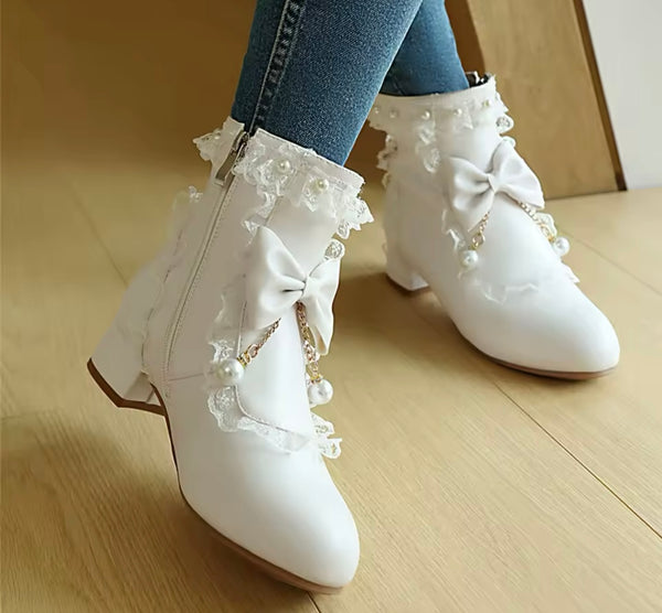 Women Fashion Pearl Color Patchwork Ruffled Bow Flat Ankle Boots