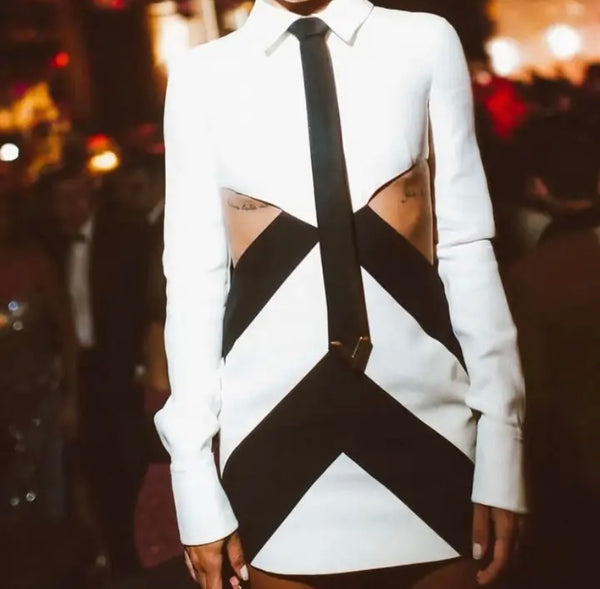 Women Sexy White/Black Tie Full Sleeve Dress