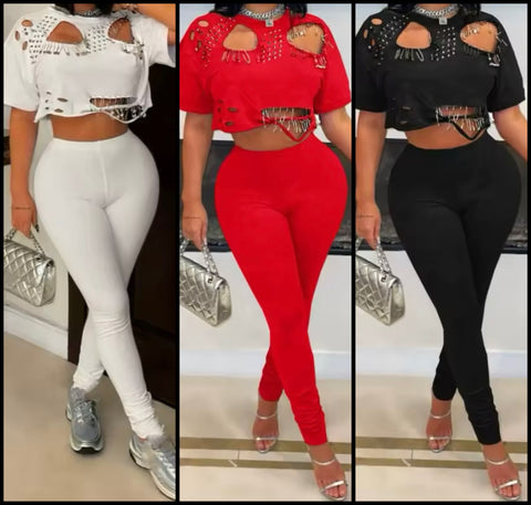 Women Color Ripped Rivet Safety Pin Short Sleeve Two Piece Pant Set
