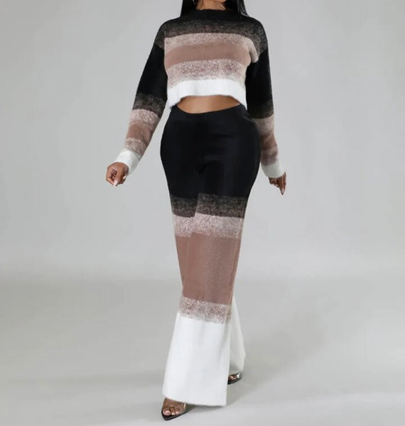 Women Multicolored Striped Fashion Two Piece Full Sleeve Pant Set