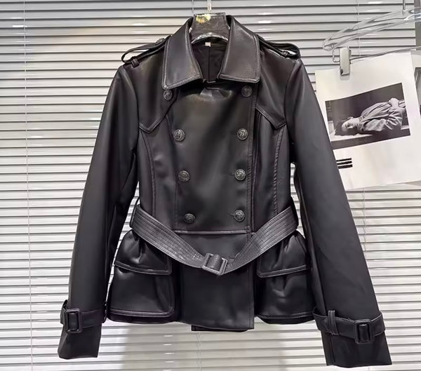 Women Fashion Button Belted Faux Leather Jacket