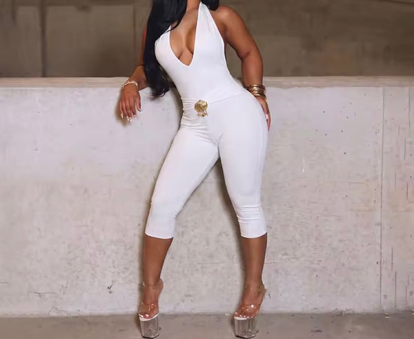 Women Halter Sleeveless Metal Sexy Capri Jumpsuit