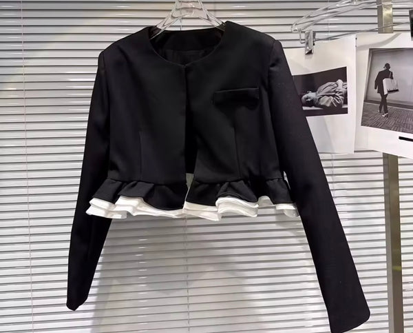 Women B&W Ruffled Full Sleeve Blazer Two Piece Sexy Skirt Set