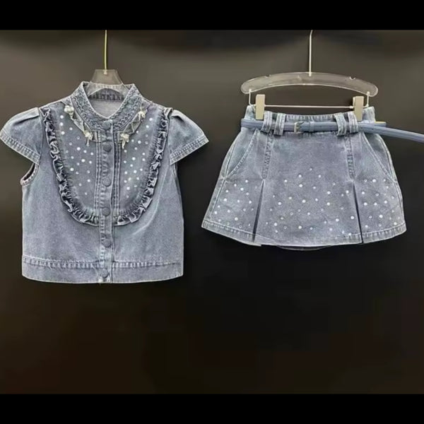 Women Denim Rhinestone Button Up Two Piece Skirt Set