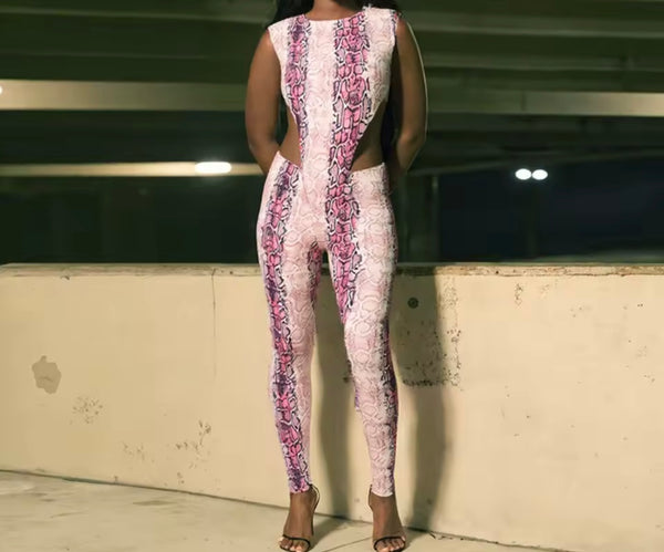 Women Sexy Sleeveless Pink Serpentine Two Piece Pant Set