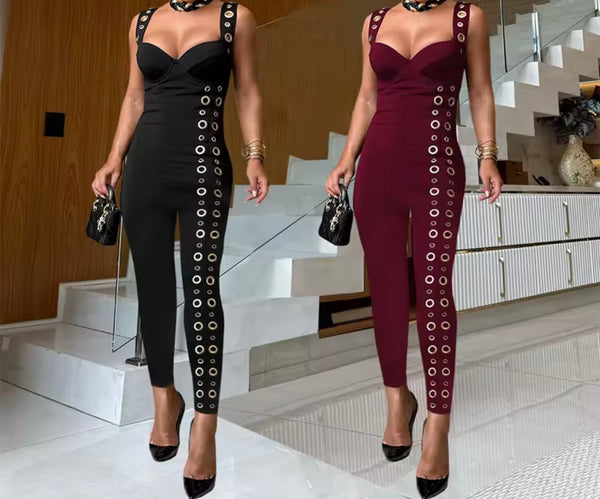 Women Color Sleeveless Metal Ring Fashion Jumpsuit
