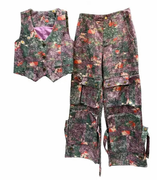 Women Purple Floral Fashion Button Up Vest Two Piece Denim Cargo Pant Set