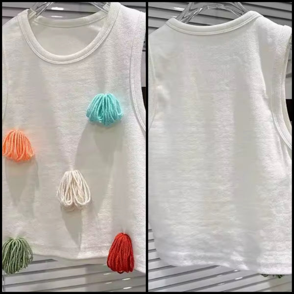 Women Fashion White Sleeveless Colorful Knit Fringe Tank Top