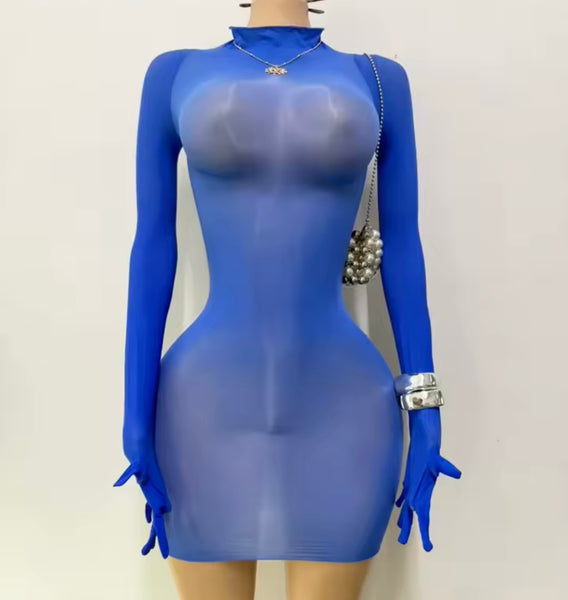 Women Sexy Blue See Through Glove Full Sleeve Mesh Dress