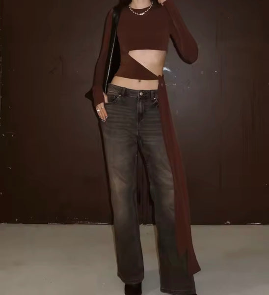 Women Fashion Full Sleeve Cut Out Tie Up Tassel Crop Top