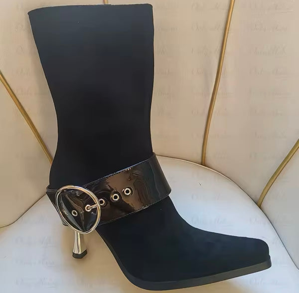 Women Fashion Leopard Suede PU Buckled Ankle Boots