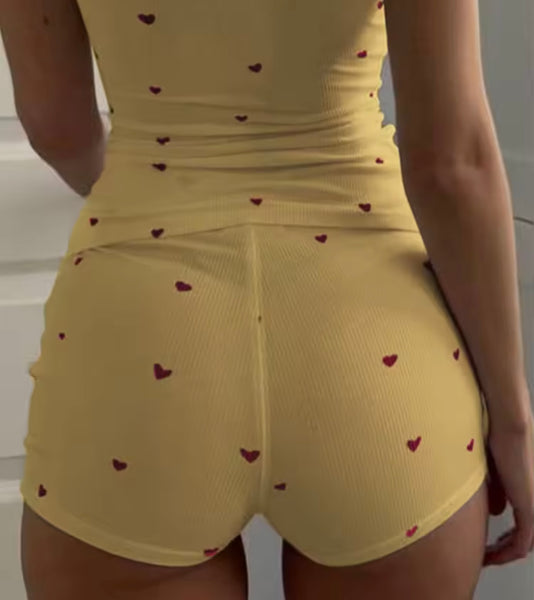 Women Sleeveless Ribbed Heart Print Lingerie Set