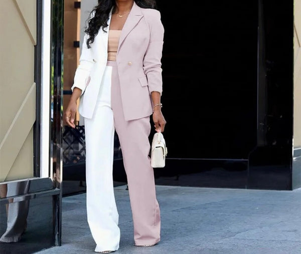 Women Fashion Color Patchwork Button Up Blazer Two Piece Pant Set