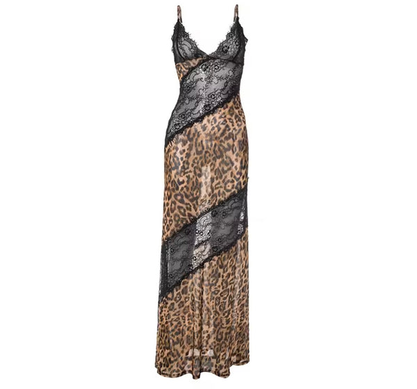 Women Sexy Sleeveless Lace Leopard Mesh Maxi Dress
