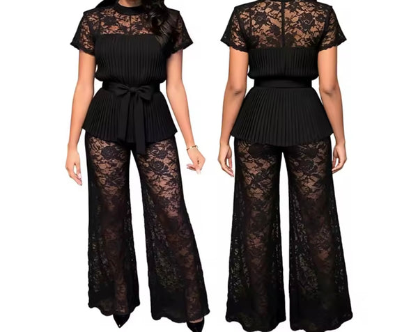 Women Pleated Lace Belted Short Sleeve Two Piece Pant Set