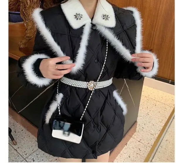 Women Fashion B&W Faux Fur Patchwork Pearl Belted Jacket