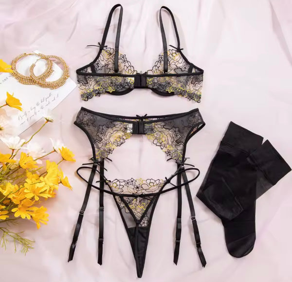 Women Sexy Black Floral Mesh G-String Lingerie Set