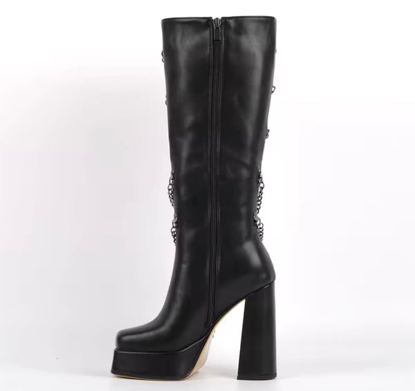 Women Fashion Black Chain Platform Knee High Boots