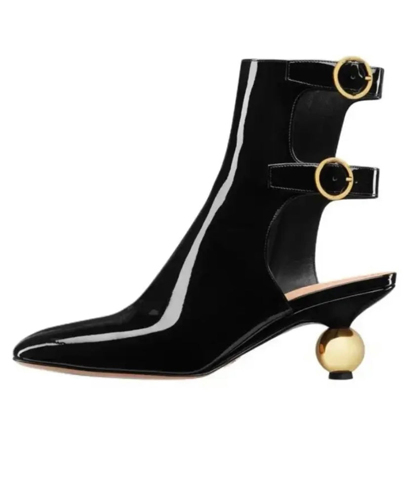 Women Black Fashion Gold Buckled Patent Leather Ankle/Knee High Boots
