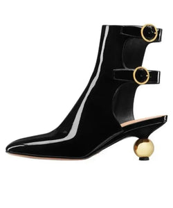 Women Black Fashion Gold Buckled Patent Leather Ankle/Knee High Boots