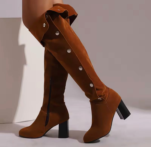 Women Color Suede Button Fashion Over The Knee Boots