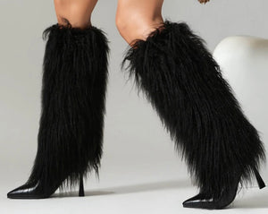 Women Color Fashion Faux Fur Knee High Boots