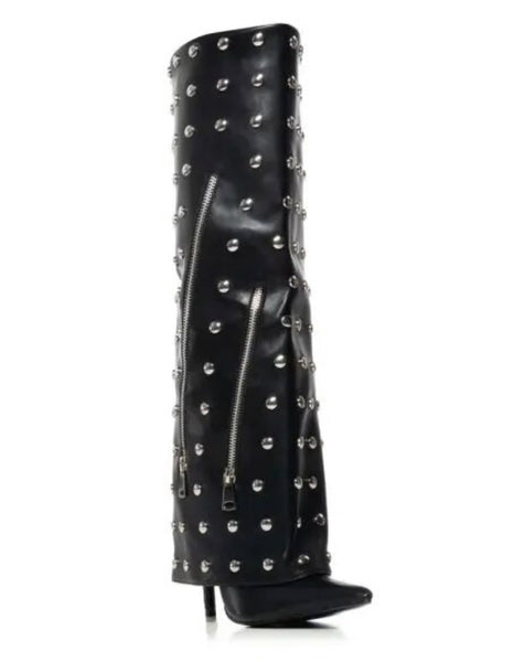 Women Black Rivet Zipper Faux Leather Knee High Boots