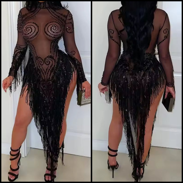 Women Sexy Black Crystal Full Sleeve Asymmetrical Tassel Dress