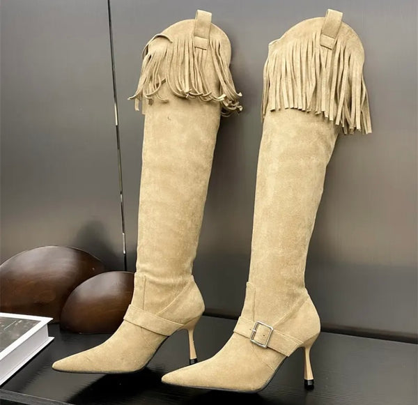 Women Fashion Suede Tassel Buckled Knee High Boots