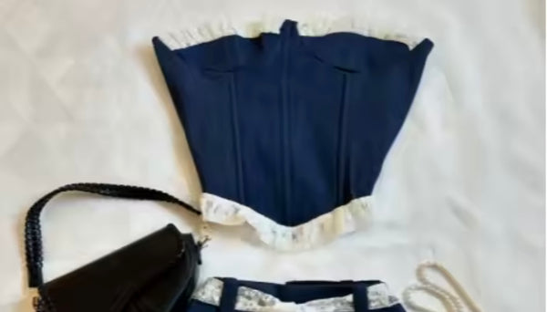 Women Sexy Strapless Denim Lace Patchwork Two Piece Skirt Set