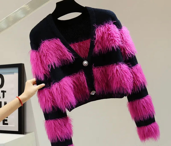 Women Fashion Button Up Color Patchwork Faux Fur Sweater Top