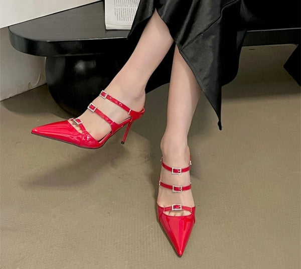 Women Fashion Pointed Toe Buckled Slide On Shoes