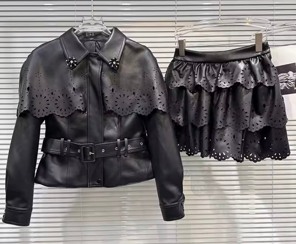 Women Fashion Ruffled Faux Leather Jacket Two Piece Skirt Set