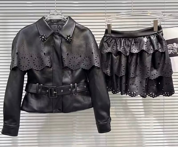 Women Fashion Ruffled Faux Leather Jacket Two Piece Skirt Set