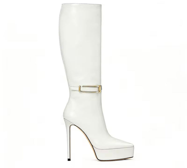 Women Pointed Toe Platform Buckled Knee Length High Heel Boots