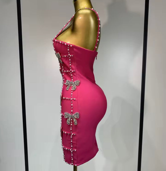Women Pink Beaded Bow Sexy Sleeveless Dress