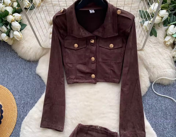 Women Fashion Suede Button Up Full Sleeve Two Piece Short Set