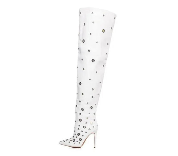 Women White Silver Metal Patchwork Knee High Boots